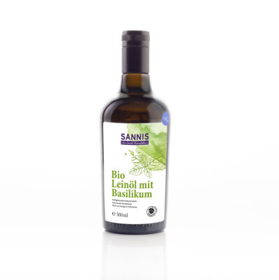 SANNIS Bio-Leinöl mit Basilikum <br> 500ml Flasche